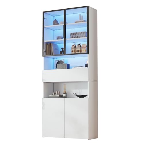 Gxffipw Vitrine mit Glasschrank Tür und LED-Licht, Vitrinenschrank Glasvitrine mit Schubladen, Highboard Sammlervitrine mit Offene Speicherplattform, Wohnzimmerschrank, Weiß+Schwarz, 70x30x200 cm von Gxffipw