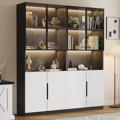 Gxffipw Vitrine mit Glastüren und LED-Licht, Vitrinenschrank Glasvitrine mit 5 Fächer, Highboard Sammlervitrine mit Verstellbare Schotten, Wohnzimmerschrank, Weiß+Schwarz, 160x30x200 cm von Gxffipw