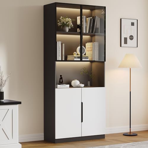 Gxffipw Vitrine mit Glastüren und LED-Licht, Vitrinenschrank Glasvitrine mit 5 Fächer, Highboard Sammlervitrine mit Verstellbare Schotten, Wohnzimmerschrank, Weiß+Schwarz, 80x30x200 cm von Gxffipw