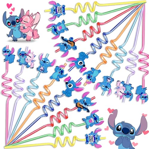 Gxhong 16Pcs Stitch Party Strohhalme, Stitch Strohhalm Wiederverwendbar, Kinder Spiral Strohhalme, Stitch Kinder Party zubehör Strohhalme, für Jungen Mädchen Stitch Thema Party Supplies von Gxhong