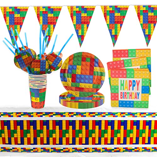 Gxhong Bausteine Geburtstag Party Set, Junge Party Supplies Set, Party Geburtstag Deko Set, Partygeschirr Set mit Teller,Trinkhalme,Servietten,Besteck,Party Supplies Banner,Tischdecke, 52 pcs von Gxhong