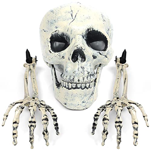 Gxhong Halloween Dekoration Schädel, Realistische Gruseliger Skeleton, Größe menschlicher Schädel Skelett, Halloween Totenkopf Deko, Skelett Vergraben Kopf Hände Horror Skeleton Schädel Deko von Gxhong