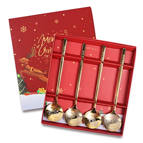 Gxhong Weihnachts Löffel Set, 4er Hochwertige Weihnachts Goldener löffel Kreativer Kaffeelöffel, Dessertlöffel aus Edelstahl für Weihnachts Geschirr Dekoration, Geschenkbox Verpackung von Gxhong