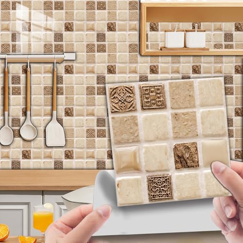 Fliesenaufkleber Braunes Mosaik Küchenrückwand,Wasserdicht Ölfest ​Klebefliesen Küche Fliesenaufkleber Bad,Fliesenfolie 3D Wandpaneele Selbstklebend 10 PC(10x10cm) von Gxllhh