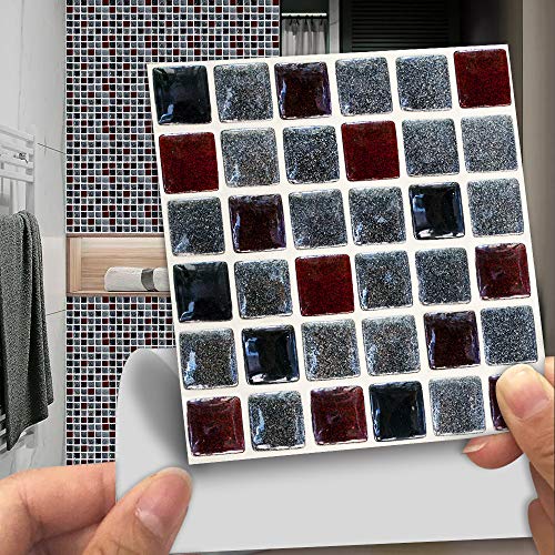 Fliesenaufkleber Mosaik Rot Grau Küchenrückwand,Wasserdicht Ölfest ​Klebefliesen Küche Fliesenaufkleber Bad,Fliesenfolie 3D Wandpaneele Selbstklebend 10 PC(15x15cm) von Gxllhh