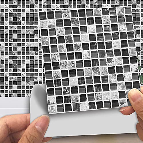 Fliesenaufkleber Mosaik Schwarz Grau Küchenrückwand,Wasserdicht Ölfest ​Klebefliesen Küche Fliesenaufkleber Bad,Fliesenfolie 3D Wandpaneele Selbstklebend 10 PC(15x15cm) von Gxllhh