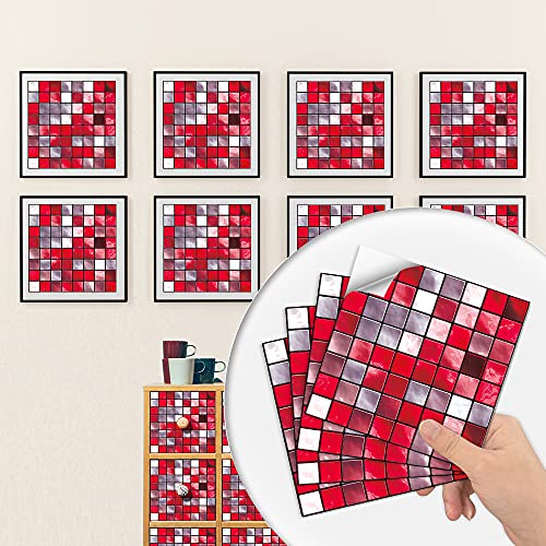 Fliesenaufkleber Rotes Mosaik Küchenrückwand,Wasserdicht Ölfest ​Klebefliesen Küche Fliesenaufkleber Bad,Fliesenfolie 3D Wandpaneele Selbstklebend 10 PC(10x10cm) von Gxllhh