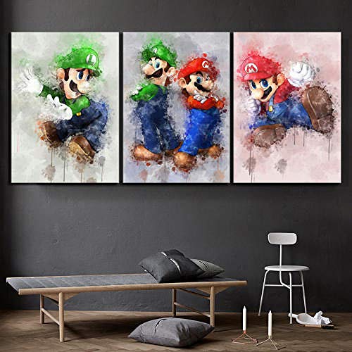 Gxucoa 3 Teilig Leinwand Bild 3 Teiliges Wandkunst 3 Stück Wandbild Leinwanddruck 3 TLG Moderne Wanddekoration Super Mario Bros Videospiel Wandbilder,Kunstdruck,Wohnzimmer Dekor von Gxucoa