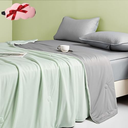 Anfaru Eisdecke, Anfaru Chill Comfort Schlafdecke, Sommer Doppelseitig Kühlende Eisseide Kühldecke, Leicht, Atmungsaktiv, Maschinenwaschbar, Inkl. Schlafmaske (Zweifarbig-Grau-Grün, 200x230cm) von Gyagalre