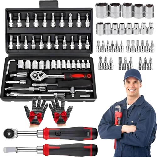 Gyagalre Cordless Slim Ratchet Set with 31 Socket Bits, 46 in 1 Socket Ratchet Wrench Set, With Bit Socket Set Metric and Extension Bar for Auto Repairing (Black) von Gyagalre