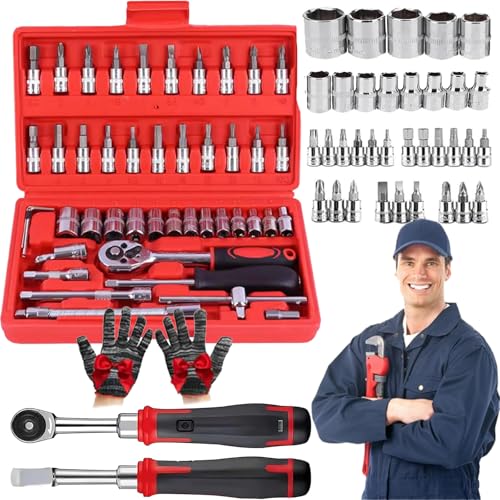 Gyagalre Cordless Slim Ratchet Set with 31 Socket Bits, 46 in 1 Socket Ratchet Wrench Set, With Bit Socket Set Metric and Extension Bar for Auto Repairing (Red) von Gyagalre