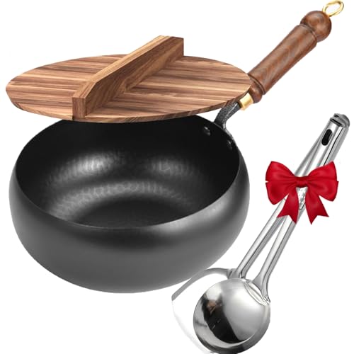 Gyagalre Japanische Eisenpfanne Mit Schaufel und Löffel,Uncoated Iron Pan, Traditional Iron Pan for Healthy Cooking, No Chemical Coating Rustproof and Easy to Clean (28cm Hammerschlag + Holzdeckel) von Gyagalre