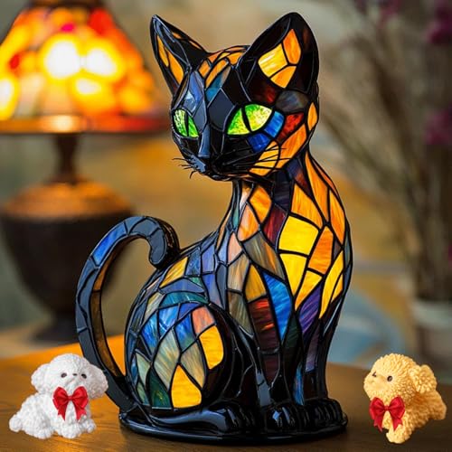 Gyagalre Katzenlampe Mosaik – Handgefertigte Dekofigur Hund & Katze – Resin Tierfigur mit Lichtoptik – Für Schlafzimmer & Wohnzimmer – Geschenk für Tierliebhaber (A) von Gyagalre