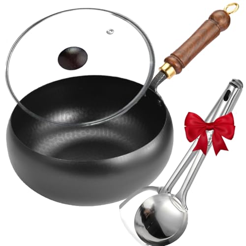 Japanische Eisenpfanne Mit Schaufel und Löffel,Uncoated Iron Pan, Traditional Iron Pan for Healthy Cooking, No Chemical Coating Rustproof and Easy to Clean (28cm Hammerschlag + Glasabdeckung) von Gyagalre