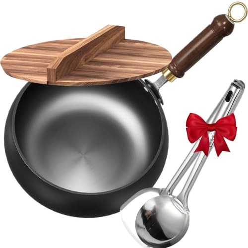 Japanische Eisenpfanne Mit Schaufel und Löffel,Uncoated Iron Pan, Traditional Iron Pan for Healthy Cooking, No Chemical Coating Rustproof and Easy to Clean (28cm glatte Oberfläche + Holzabdeckung) von Gyagalre