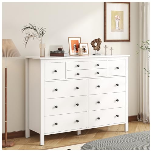 Kommode Weiß mit 10 Schubladen, Moderner Holz Schrank für Schlafzimmer, Wohnzimmer, Home Office oder Eingangsbereich, Langer Schubladenschrank mit Tiefen Schubladen, Speichermöbel (Weiß) von Gyfimoie