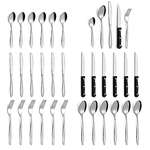 Besteck Set,Besteck Set für 6 Personen, 30-teiliges Edelstahl Besteck Set mit Steakmesser, Elegantes und Modernes Besteckset, Spülmaschinenfest von Gymdin