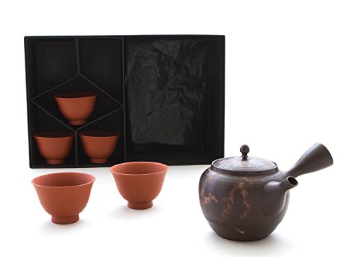Gyokko - Japanisches Tee-Service 6-teilig. Tokoname MOKAKE mit 5 Tee-Schalen. Braun, Handmade auf der Töpfer-Scheibe, integriertes Keramik-Sieb von Gyokko