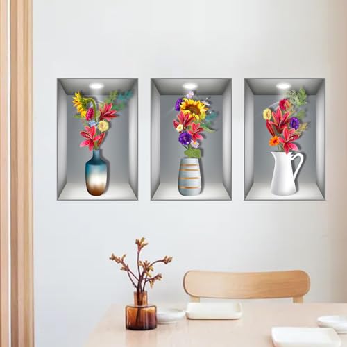 XINSUO 3 Stück 3D Wandsticker Vase,Wandtattoo Wohnzimmer Vasen,3D-Simulation Pflanze Aufkleber,Abnehmbarer Pflan zen aufkleber Für Wohnzimmer Büro Und Schlafzimmer (30 * 45cm) von XINSUO