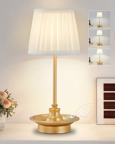 GyroVu Tischlampe Kabellos Touch, Tragbare Wiederaufladbar LED-Tischlampen, 3 Farbtemperaturen Dimmbar, Nachttischlampe Gold mit Einzigartiger Basis für Esszimmer, Schlafzimmer, Nachttisch von GyroVu