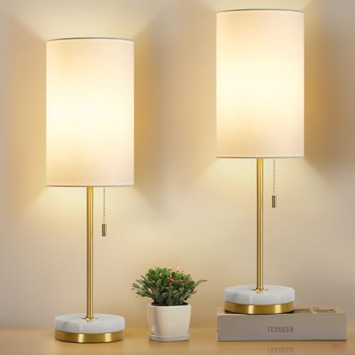 GyroVu Nachttischlampen im 2er-Set, minimalistische Tischlampe mit Zugkette, moderne Nachttischlampe mit Marmorfuß, goldene Tischlampe für Schlafzimmer, Wohnzimmer, Büro GyroVu Nachttischlampen im 2er-Set, minimalistische Tischlampe mit Zugkette, moderne Nachttischlampe mit Marmorfuß, goldene Tischlampe für Schlafzimmer, Wohnzimmer, Büro von GyroVu