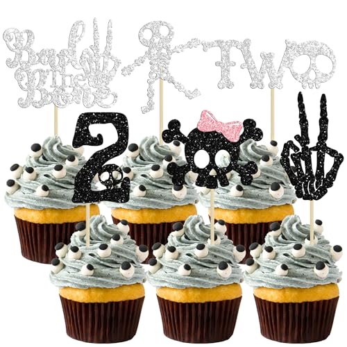 Gyufise 30 Stück Bad Two The Bone Cupcake-Topper Rock n Roll Skelett Geburtstag Kuchen Topper Knochen Schädel Second Bday Party Dekor Black Born 2 Rock Music Bday Supplies Junge Mädchen Schwarz Silber von Gyufise