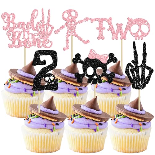 Gyufise 30 Stück Bad Two The Bone Cupcake-Topper Rock n Roll Skelett Geburtstag Kuchen Topper Knochen Schädel Second Bday Party Dekor Black Born 2 Rock Music Geburtstag Supplies Junge Mädchen Rosa von Gyufise