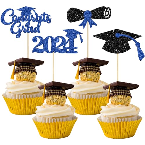 Gyufise Cupcake-Topper 2024, 2024, blauer Glitzer, Congrats Grad 2024, Diplomkappe, Cupcake-Picks, Klasse 2024, Kuchendekorationen für Abschlussfeier 2024, Party-Kuchendekorationen von Gyufise