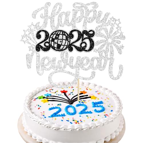 Gyufise Tortenaufsatz 2025 Happy New Year mit Glitzer, Hello 2025, Feuerwerk, Kuchenpicker, Willkommen 2025, Happy New Year's Eve Kuchendekoration, Partyzubehör, Silber, 1 Stück von Gyufise