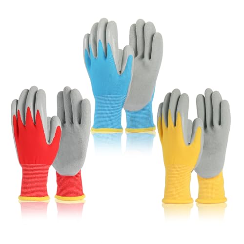 3 Paar Arbeitshandschuhe mit natürlicher Latexschicht und dehnbarem Gewebe, Schutzhandschuhe mit Handflächenbe schichtung, Gummibeschichtete Arbeitshandschuhe, 3 Farben，Geeignet für 3-5 Jahre,17cm von Gyxcelc