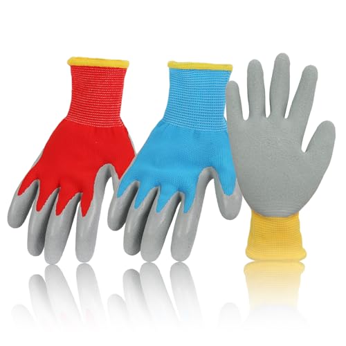 3 Paar Arbeitshandschuhe mit natürlicher Latexschicht und dehnbarem Gewebe, Schutzhandschuhe mit Handflächenbe schichtung, Gummibeschichtete Arbeitshandschuhe, 3 Farben，Geeignet für 5-8Jahre,19cm von Gyxcelc
