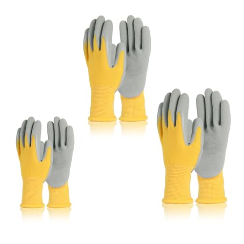 3 Paar Arbeitshandschuhe mit natürlicher Latexschicht und dehnbarem Gewebe, Schutzhandschuhe mit Handflächenbe schichtung, Gummibeschichtete Arbeitshandschuhe, Größen17/19/21cm ，Gelb von Gyxcelc
