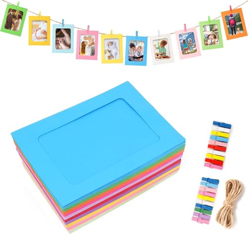 Gyxcelc 20 Stücke Fototaschen zum Aufhängen Bunte 10 x 15 cm Fotorahmen aus Pappe,Fotorahmen Papier Selbstklebende Bilderrahmen zum Foto Netz Klassenraum- mit Holzklammern und Hanfseilen von Gyxcelc