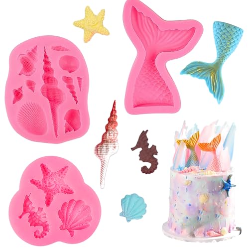 Meerestiere Fondant Formen Silikonform Meerjungfrau Flosse 3D Ozean Silikon Backform Diy Silikon Seifenform Meerjungfrau Schwanz Silikonform Seestern Seepferdchen Muschel Fischschwanz,3 Stück von Gyxcelc