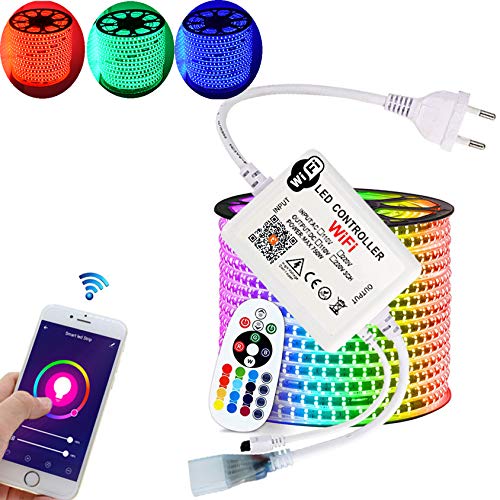 RGB LED Streifen Set, mehrfarbig 230V, 60LEDs/M, SMD 5050, RGB LED Strip Streifen Lichtband Lichtleiste (15 Meter, IP20 Wifi+Infrarot Netzteil-Controller) von H+H Leipzig
