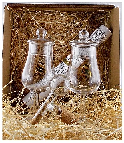 H-BO Geschenk 2 Gläser Signatory mit goldfarbenen Aufdruck + Glas Deckel + Portionierer im Karton Holzoptik Whiskeyglas Stilglas Rumglas Whiskyglas Spirituosenglas von H-BO