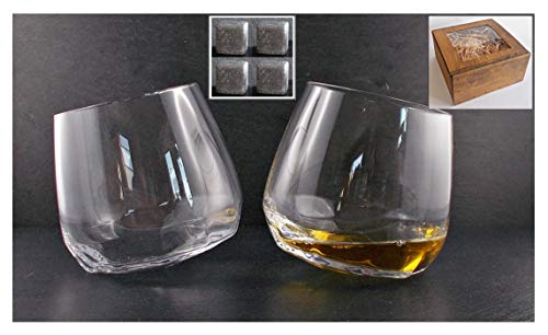 H-BO Geschenk 2 Whisky Whiskey Gläser Drelio in Diamantenform + 4 Kühlsteine Karton Holzoptik von H-BO