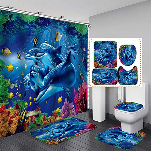 4 Teile/Satz Delphin Duschvorhang wasserdichter Stoff Tuch Badvorhang, rutschfeste Badezimmer Teppiche Badematten WC-Teppich, fabelhafter Delphin von H-ENY