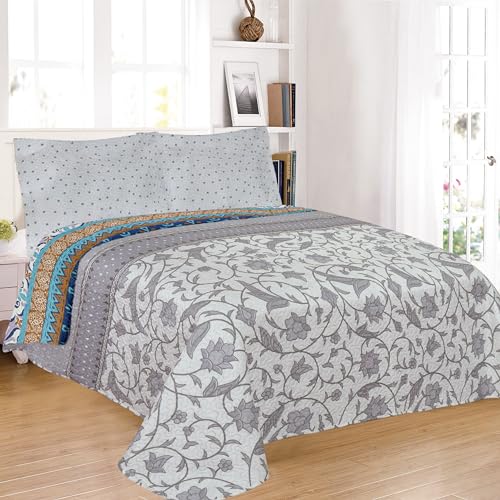 H HANSEL HOME Tagesdecke 100% Mikrofaser 180x260cm Extra weiche mit 1 Kissenbezügen, Bettüberwurf für Einzelbett 80/90, Frühlings- und Sommerdecke, Steppdecke, überdecke Bett - Graue Blume von H HANSEL HOME