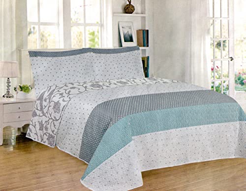 H HANSEL HOME Tagesdecke 100% Mikrofaser 250x260cm Extra weiche mit 2 Kissenbezügen, Bettüberwurf für Doppelbett 140/150160, Frühlings- und Sommerdecke, Steppdecke, überdecke Bett - Türkiser Streifen von H HANSEL HOME