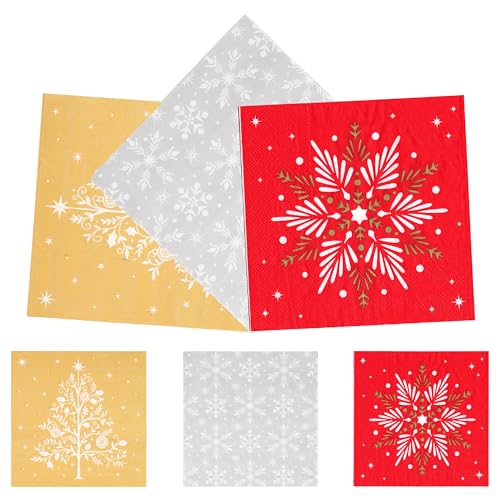 Tischservietten für Weihnachten, Packung mit 90 Servietten Weihnachtspapier 33 x 33 cm in 3 Farben, perfekte Tischdekoration Weihnachten - Rot und Silber mit Schneedesign, Gold mit Weihnachtsbaum von H HANSEL HOME