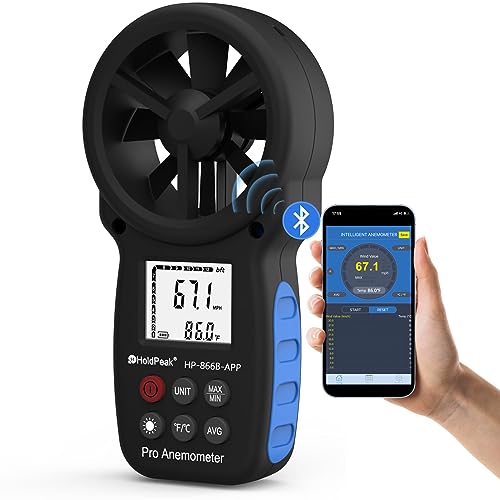 Anemometer Bluetooth Wireless Handheld 866B-APP, Anemometer Bluetooth Windmessgerät misst Windgeschwindigkeit/Temperatur/Wind Chill Tester, Messung der Windgeschwindigkeit (CFM) mit MAX/MIN/AVG von H HOLDPEAK