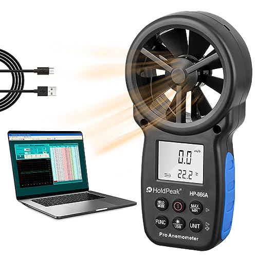 Holdpeak Digital Anemometer Handheld CFM Meter HP-866A mit USB Anschluss, Taupunkt, Luftmassenmesser mit Data Hold & USB & Relative Luftfeuchtigkeit (schwarz) von H HOLDPEAK