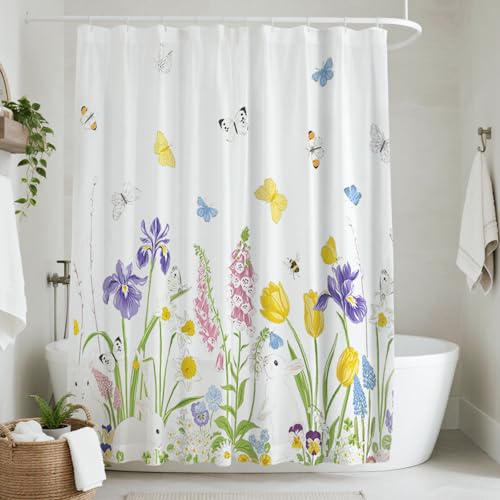 H HOMEWINS Duschvorhang 180x200 cm Polyester Textil mit Muster, Waschbar und Schimmelresistant, Wasserdicht und Schnell Trocknend, Badevorhang mit 12 Duschvorhangringe - Frühlingsblumen von H HOMEWINS