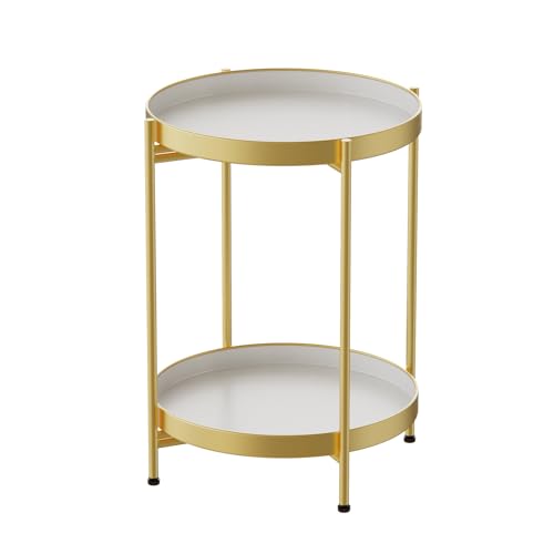 H HOMEWINS Metall Beistelltisch Rund Gold&Weiß Sofatisch mit Abnehmbare Tablette Ø40 x H50 cm Couchtisch Nachttisch für Wohnzimmer Schlafzimmer Büro von H HOMEWINS