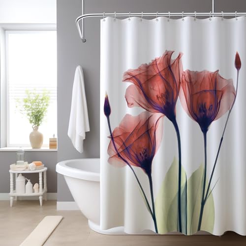 HOMEWINS Duschvorhang 180 x 200 cm Polyester Wasserdicht Schimmelresistent Anti-Bakteriell Badvorhang mit 12 Duschvorhangringen-Rote Blüten von H HOMEWINS