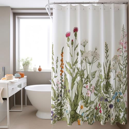 HOMEWINS Duschvorhang 180x200 cm Polyester Textil mit Muster, Waschbar und Schimmelresistant, Wasserdicht und Schnell Trocknend, Badevorhang mit 12 Duschvorhangringe - Waldblume von H HOMEWINS