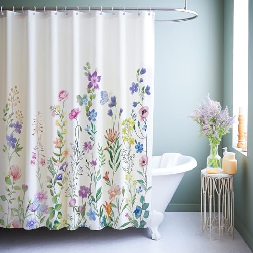 HOMEWINS Duschvorhang 180x200 cm Polyester Textil mit Muster, Waschbar und Schimmelresistant, Wasserdicht und Schnell Trocknend, Badevorhang mit 12 Duschvorhangringe - Bunte Blumen von H HOMEWINS