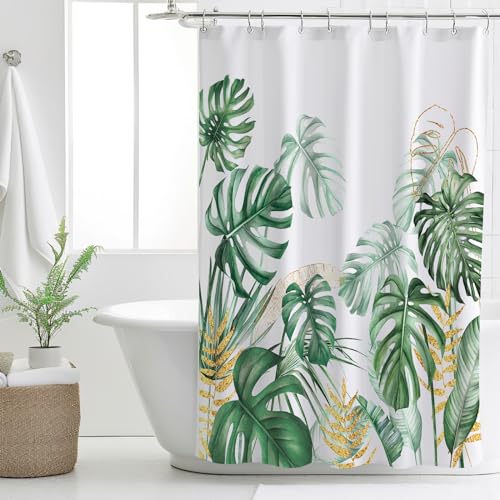 HOMEWINS Duschvorhang 180x200 cm Polyestergewebe mit Blumenmuster, Waschbar und Schimmelfest, Wasserdicht und Schnell Trocknend, Badevorhang mit 12 Duschvorhangringe - Monstera Deliciosa von H HOMEWINS