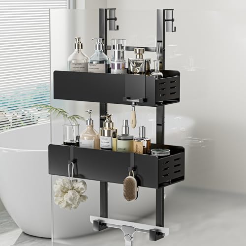 Hawsam Duschablage zum Hängen, Duschablage Ohne Bohren Schwarz für Glasduschtüren, Höhenverstellbares Design mit 3 Haken für die Aufbewahrung von Shampoo und Duschgel im Badezimmer von H Hawsam